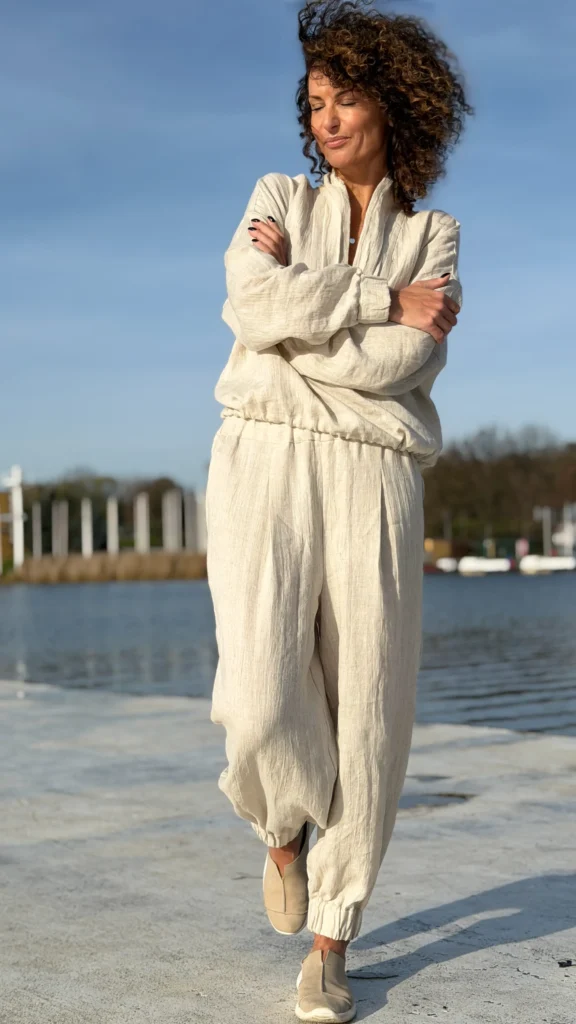 Leinen-Trainingsanzug mit Ausschnitt